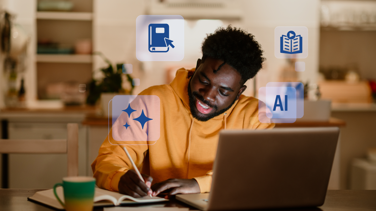 Man studying at home in his hoodie