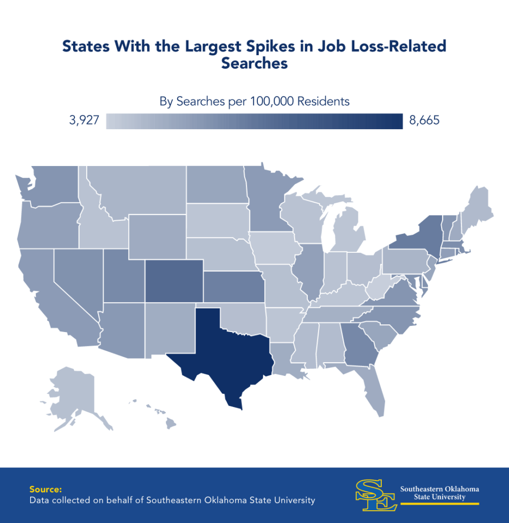 United States map with the largest spikes in job loss-related searches