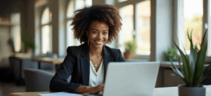 A Woman in Professional Attire Works On Laptop Smiling