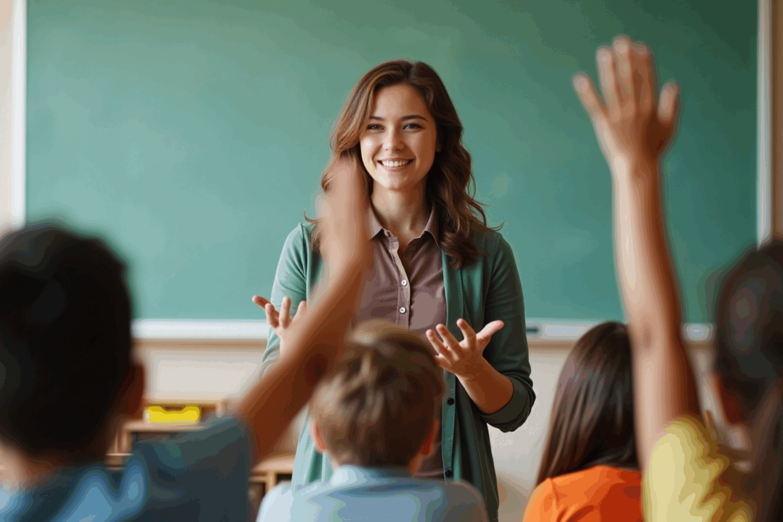Smiling teacher stands in front of a chalkboard, gesturing while students with raised hands engage in the classroom.