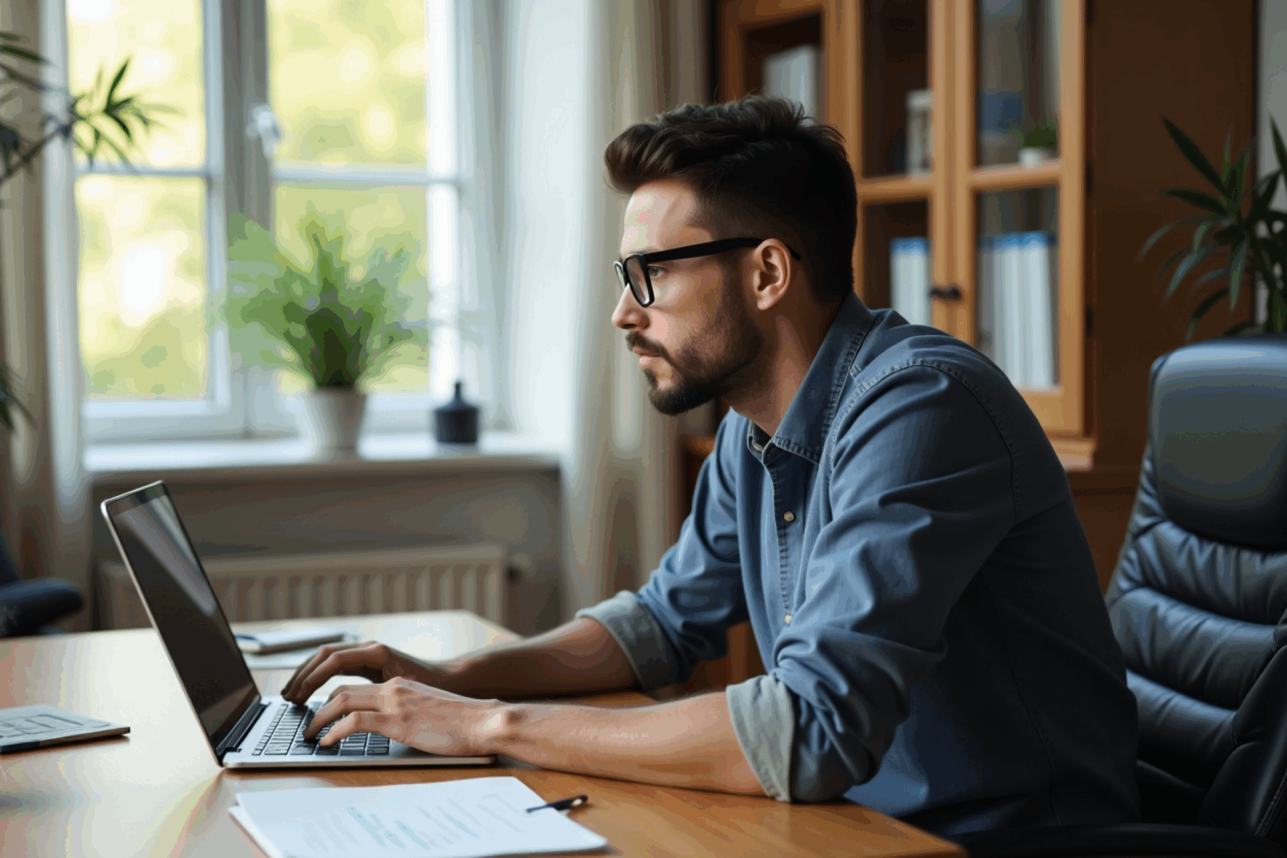 Man in blue jean shirt typing on laptop. 