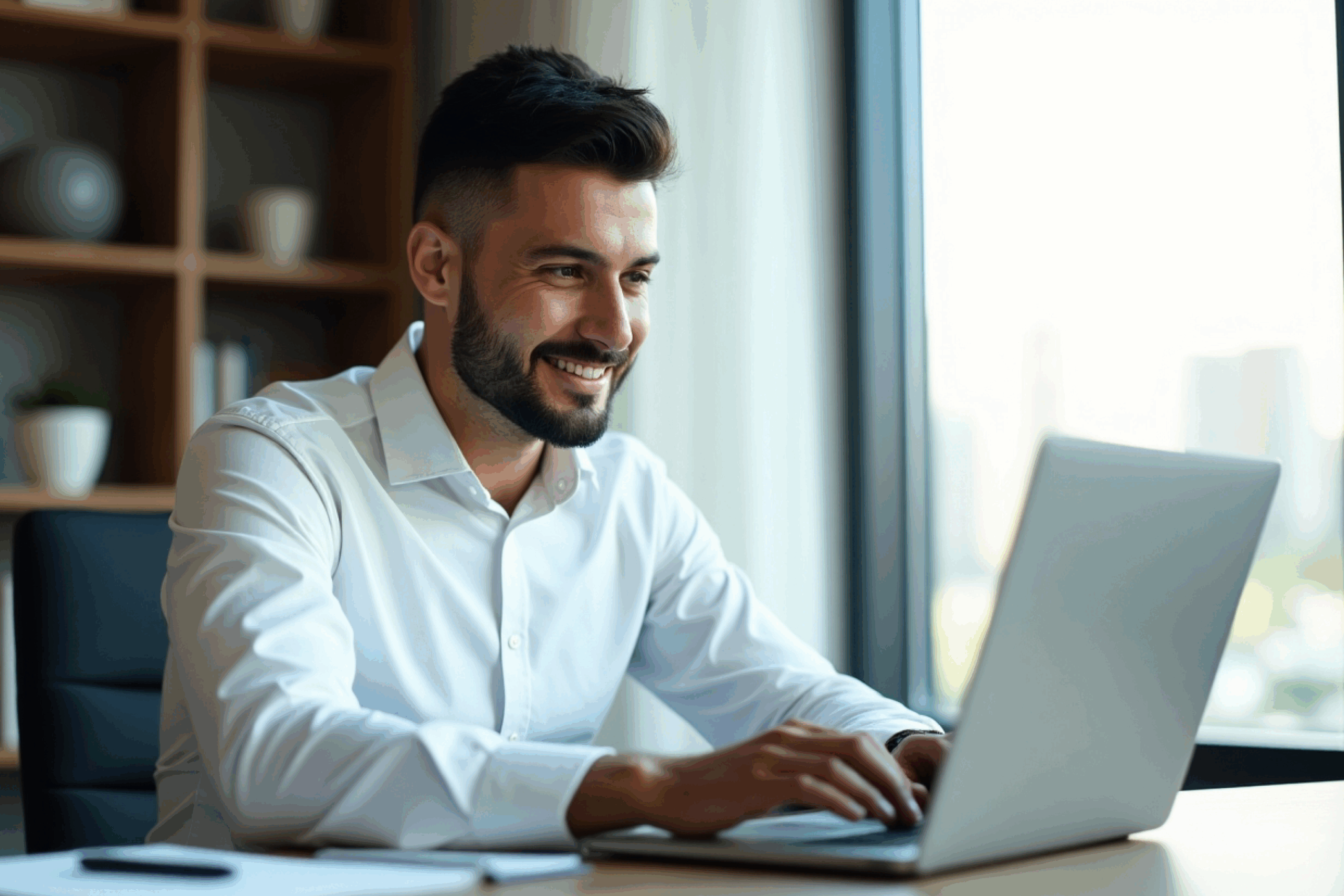 Man in white shirt using a laptop in an office.