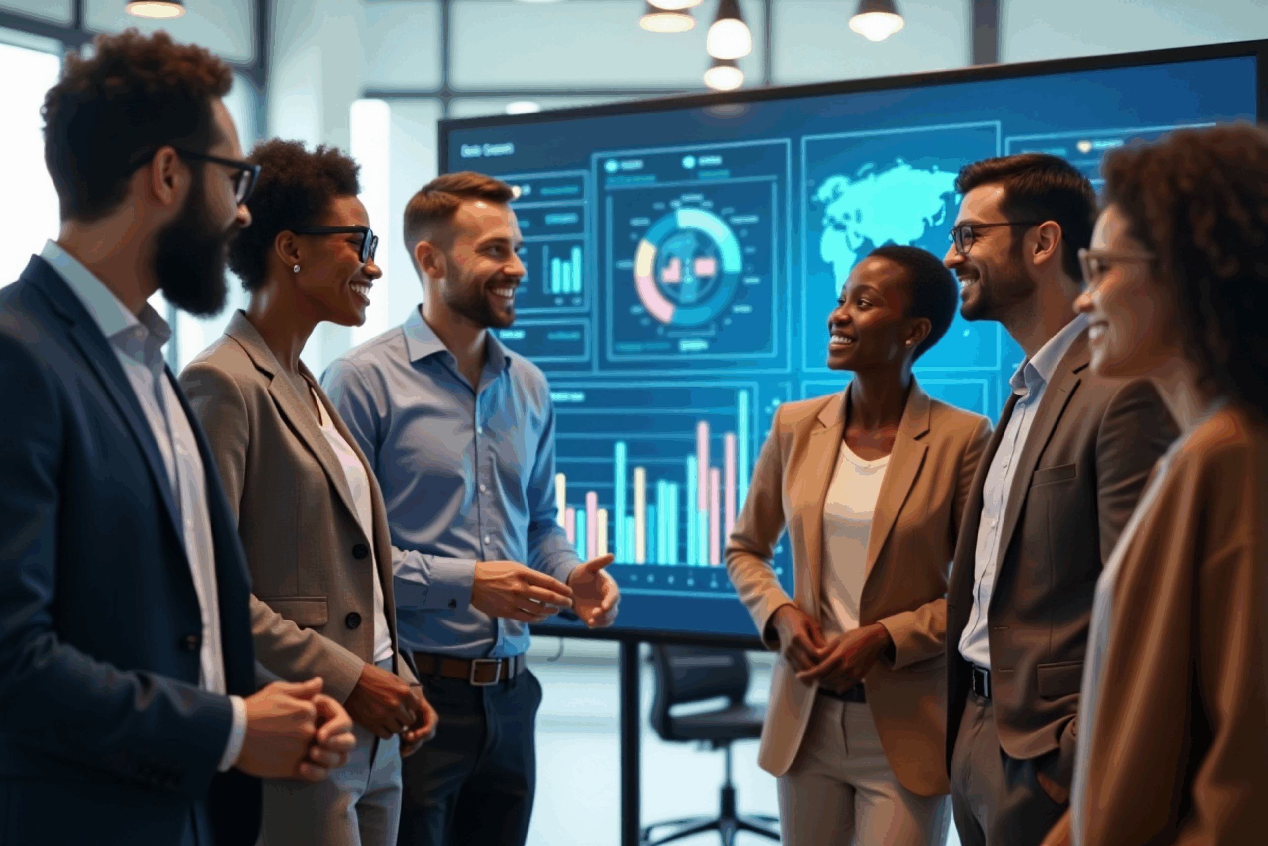Colleagues chat standing in front of a digital board. 