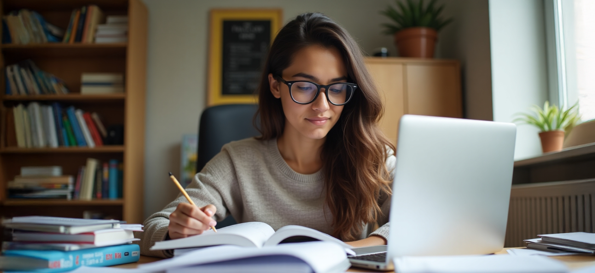 Young woman wearing glasses studies at a desk with open books and a laptop in a cozy, well-lit room with bookshelves and potted plants.