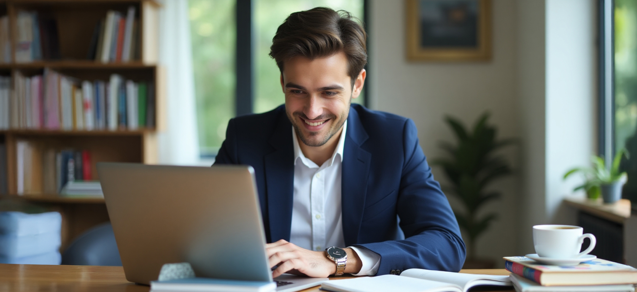Man in a suit jacket looks at his computer in the office.