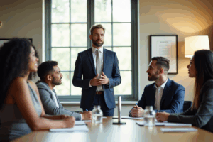 Group of 5 people meeting around a conference table in an office.
