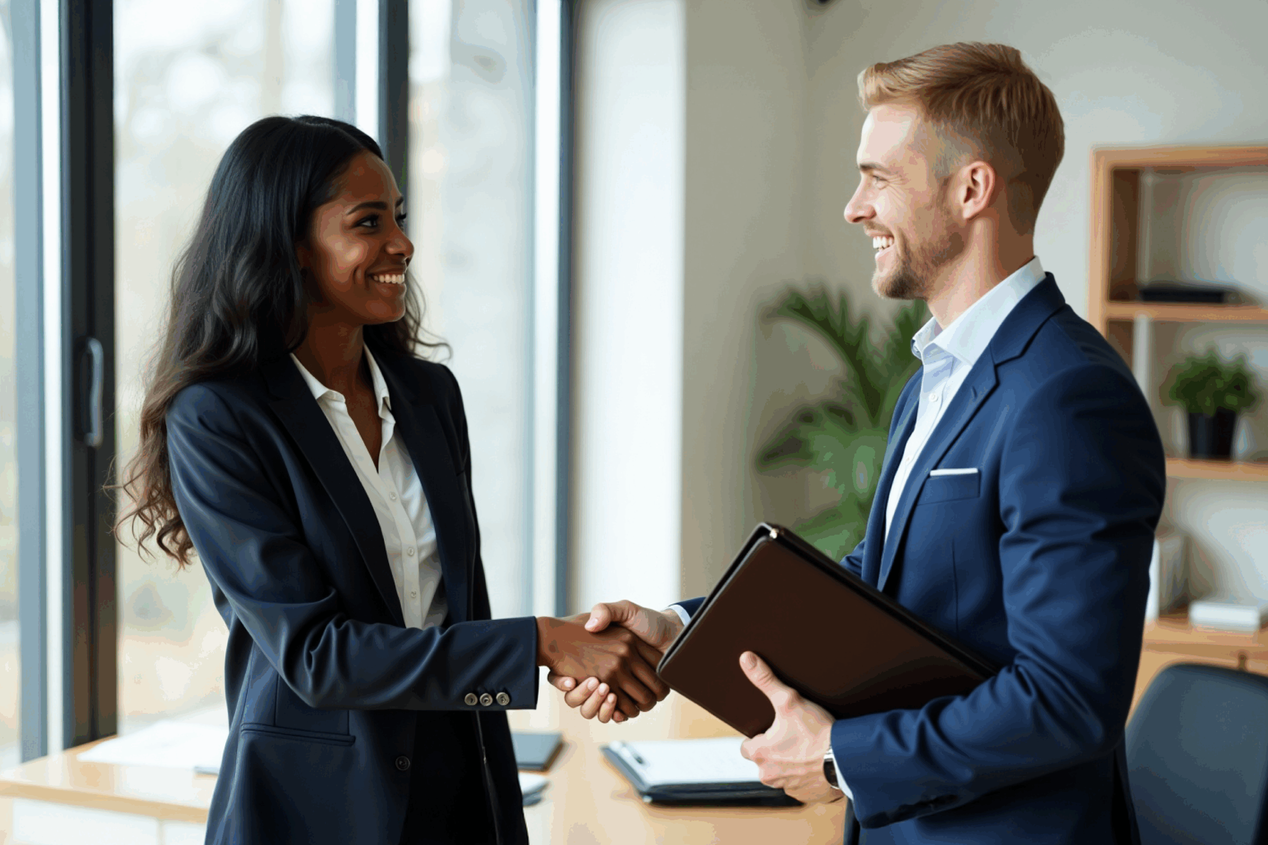 Woman and man shake hands in front of a conference table in an office.